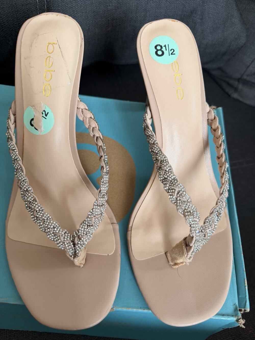 bebe Women’s Beige Faux Leather Rhinestone Braided Strappy Open Toe Heels 8.5